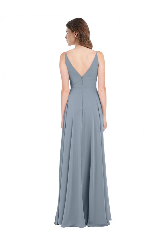 Long Dusty Blue Sleeveless A-Line V-Back Bridesmaid Dress / Evening Gowns Leeds