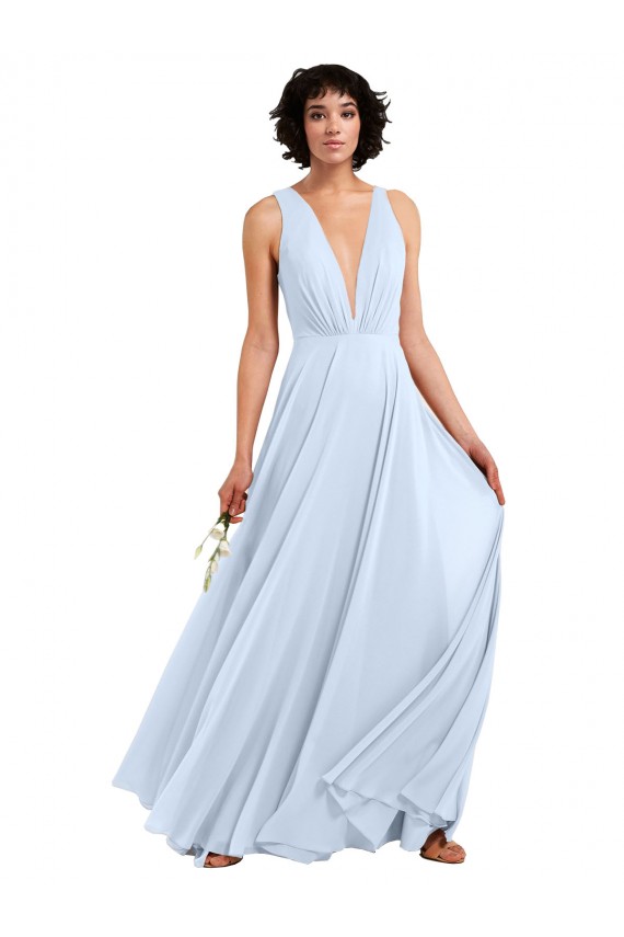 Long Light Sky Blue Sleeveless A-Line Soft Chiffon Bridesmaid Dresses Leeds