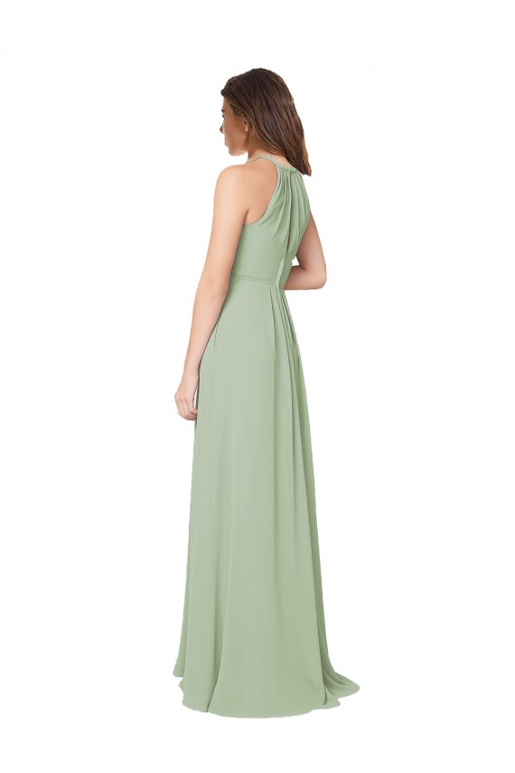 Long Smoke Green Sleeveless A-Line Keyhole Back Bridesmaid Dress Leeds