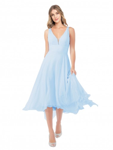Midi Length Light Sky Blue Sleeveless A-Line Keyhole Back Bridesmaid Dress Leeds