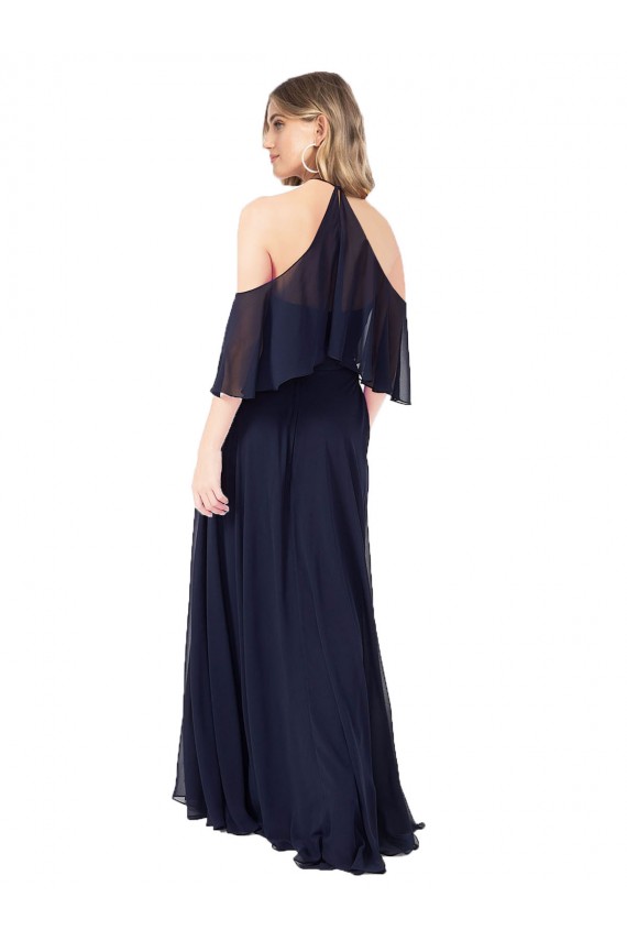 Long Dark Navy Flutter Sleeves A-Line Soft Chiffon Formal Dress / Bridesmaid Dress Leeds