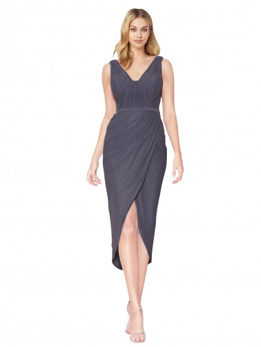 Cocktail Length Slate Grey Sleeveless Mermaid V-Back High Low Evening Gown / Prom Dress / Bridesmaid Dress Leeds