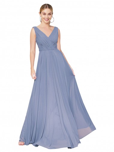 Long Dusty Blue Sleeveless A-Line V-Back Formal Evening Gown / Prom Dress / Bridesmaid Dress Leeds