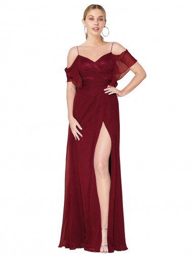 Long Burgundy Cold Shoulder Trumpet V-Back Formal Evening Gown / Prom Dress / Bridesmaid Dress Leeds