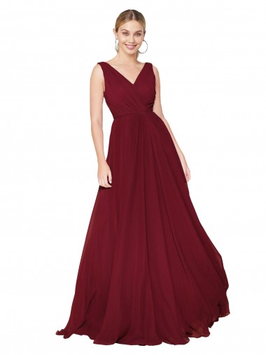 Long Burgundy Sleeveless A-Line V-Back Soft Chiffon Formal Dress / Bridesmaid Dress Leeds