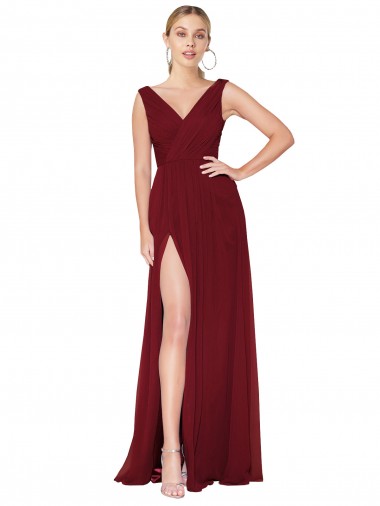 Long Burgundy Sleeveless A-Line V-Back High Slit Black Tie Evening Gown / Prom Dress / Bridesmaid Dress Leeds