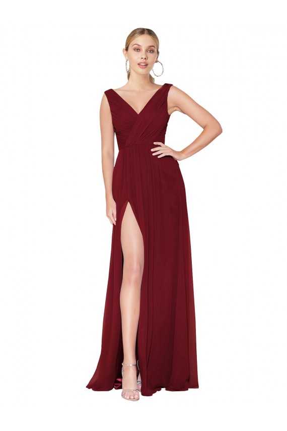 Long Burgundy Sleeveless A-Line V-Back High Slit Black Tie Evening Gown / Prom Dress / Bridesmaid Dress Leeds