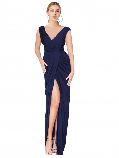 Long Dark Navy Sleeveless Mermaid V-Back Front Slit Formal Evening Gown / Prom Dress / Bridesmaid Dress Leeds