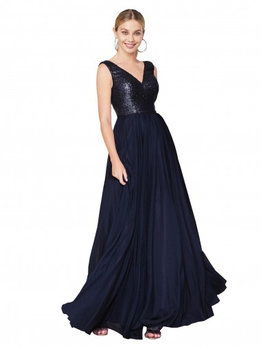 Long Dark Navy Sleeveless A-Line V-Back Semi Formal Evening Gown / Prom Dress / Bridesmaid Dress Leeds