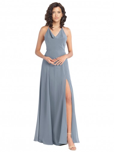 Long Dusty Blue Sleeveless A-Line V-Back High Side Slit Bridesmaid Dress Leeds