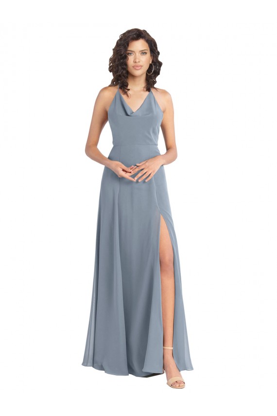Long Dusty Blue Sleeveless A-Line V-Back High Side Slit Bridesmaid Dress Leeds