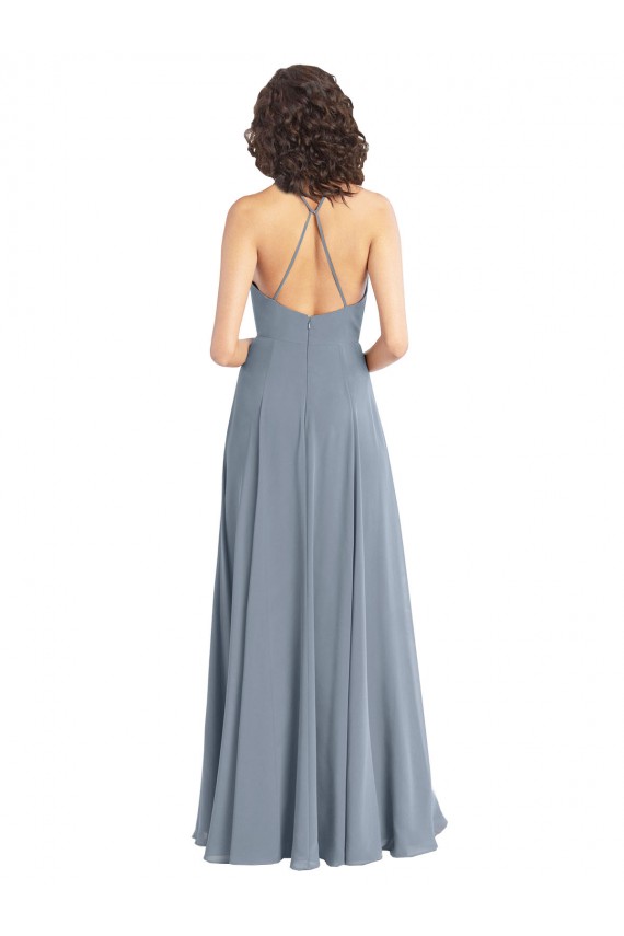 Long Dusty Blue Sleeveless A-Line V-Back High Side Slit Bridesmaid Dress Leeds