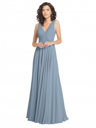 Long Dusty Blue Sleeveless A-Line V-Back Bridesmaid Dress Leeds