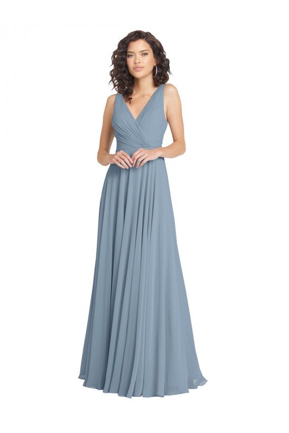 Long Dusty Blue Sleeveless A-Line V-Back Bridesmaid Dress Leeds