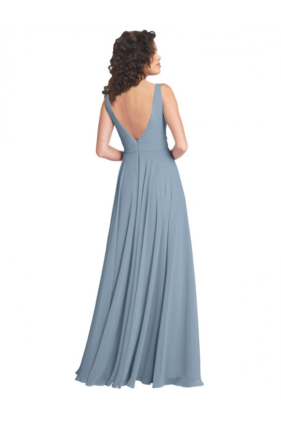 Long Dusty Blue Sleeveless A-Line V-Back Bridesmaid Dress Leeds