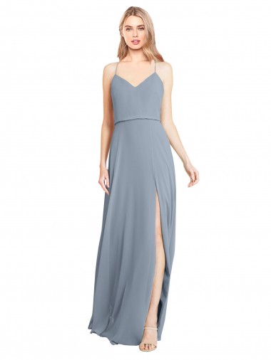 Long Dusty Blue Sleeveless A-Line Open Back Bridesmaid Gowns Leeds