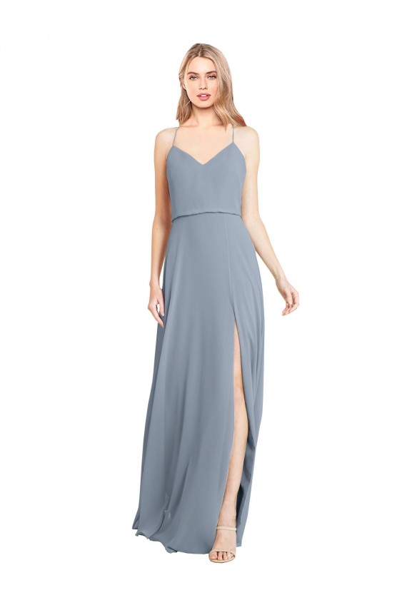 Long Dusty Blue Sleeveless A-Line Open Back Bridesmaid Gowns Leeds