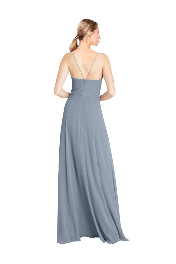 Long Dusty Blue Sleeveless A-Line Open Back Bridesmaid Gowns Leeds