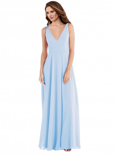 Long Light Sky Blue Sleeveless A-Line Soft Chiffon Semi Formal Evening Dress / Bridesmaid Dress Leeds