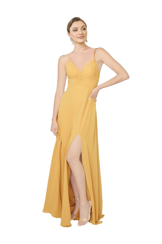 Long Saffron Sleeveless A-Line Open Back Bridesmaid Dress / Evening Dress Leeds