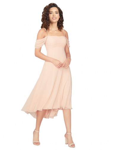 Midi Length Ice Pink Cold Shoulder A-Line Low Back High Low Bridesmaid Dress Leeds
