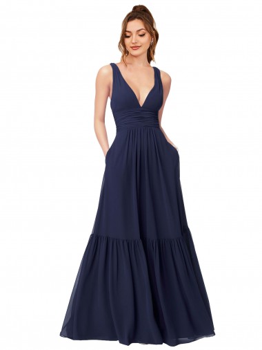 Long Full Length Dark Navy Sleeveless A-Line V-Back Formal Dress / Bridesmaid Dress Leeds