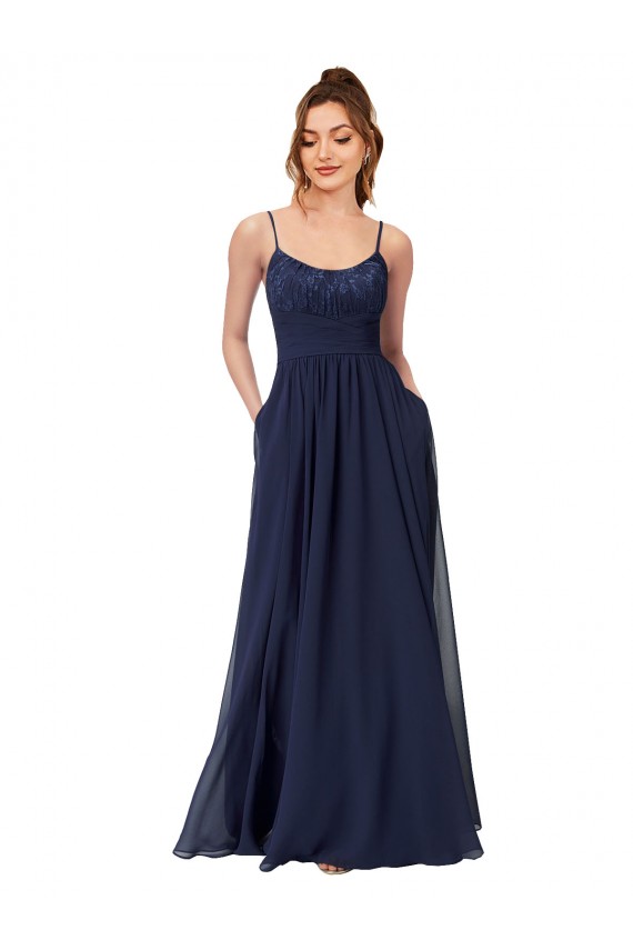 Long Dark Navy Sleeveless A-Line Low Back Soft Chiffon & Lace Bridesmaid Dress Leeds