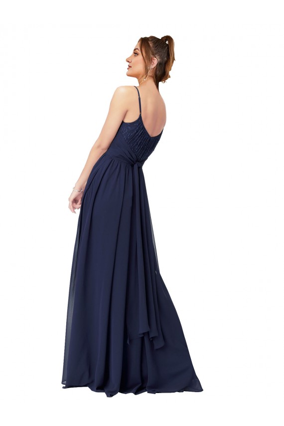 Long Dark Navy Sleeveless A-Line Low Back Soft Chiffon & Lace Bridesmaid Dress Leeds