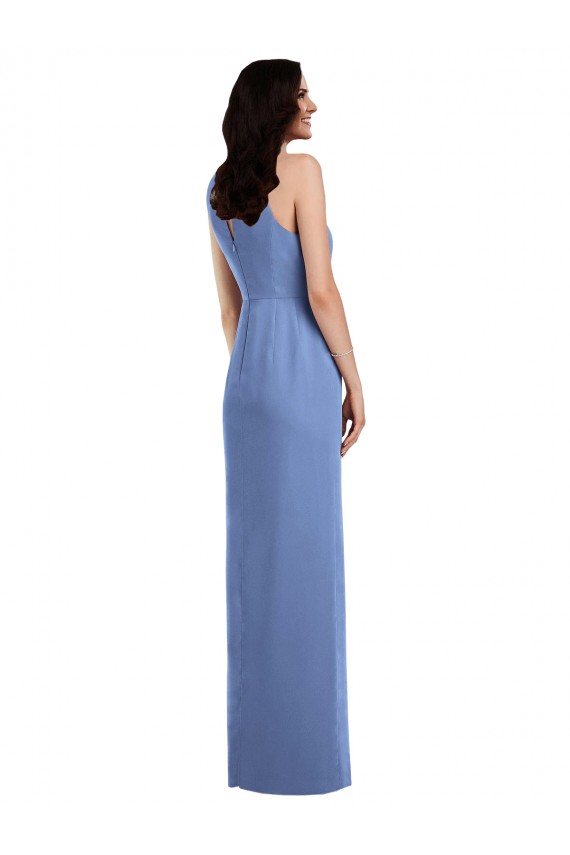 Long Windsor Blue Sleeveless A-Line Keyhole Back Draped Front Slit Bridesmaid Dress Leeds