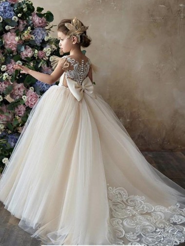 Chapel Train Champagne Sleeveless Ball Gown Flower Girl Dress Leeds