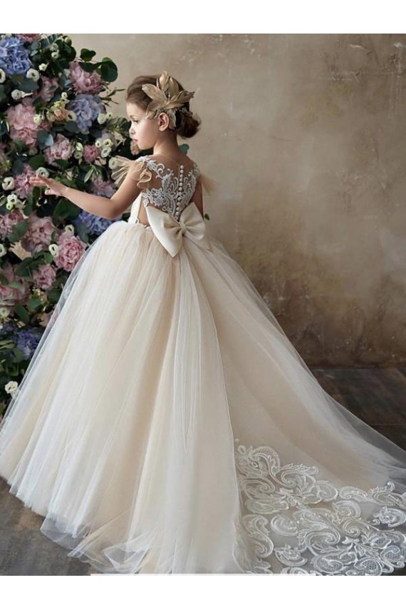Chapel Train Champagne Sleeveless Ball Gown Flower Girl Dress Leeds