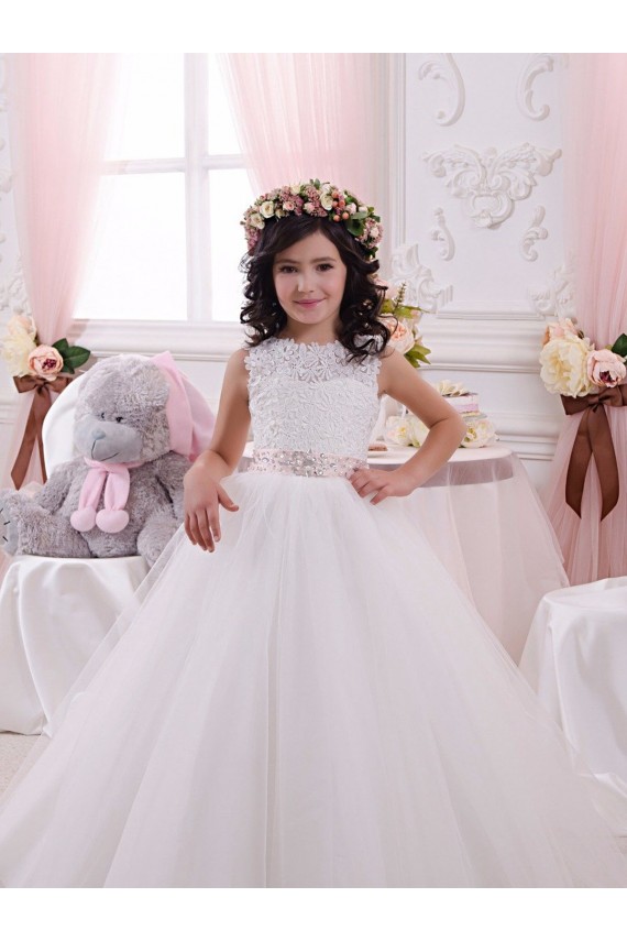 Chapel Train Ivory Sleeveless Ball Gown V-Back Flower Girl Dress Leeds