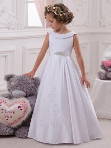 Long Ivory Sleeveless Ball Gown Satin & Lace Flower Girl Dresses Leeds