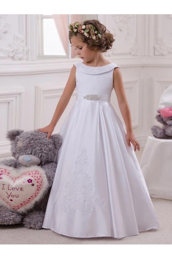 Long Ivory Sleeveless Ball Gown Satin & Lace Flower Girl Dresses Leeds