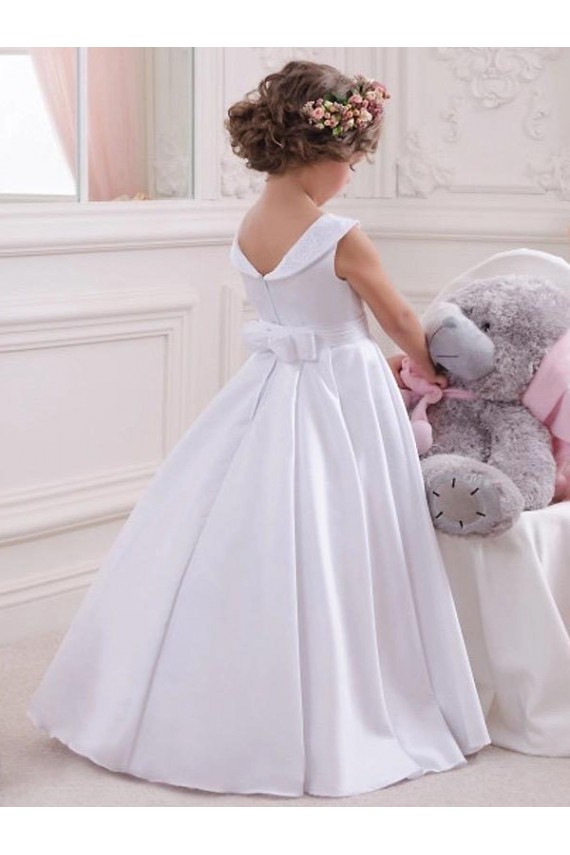 Long Ivory Sleeveless Ball Gown Satin & Lace Flower Girl Dresses Leeds