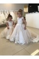 Chapel Train Ivory Sleeveless Ball Gown V-Back Little Flower Girl Dress Leeds
