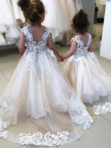 Chapel Train Ivory Sleeveless Ball Gown V-Back Little Flower Girl Dress Leeds