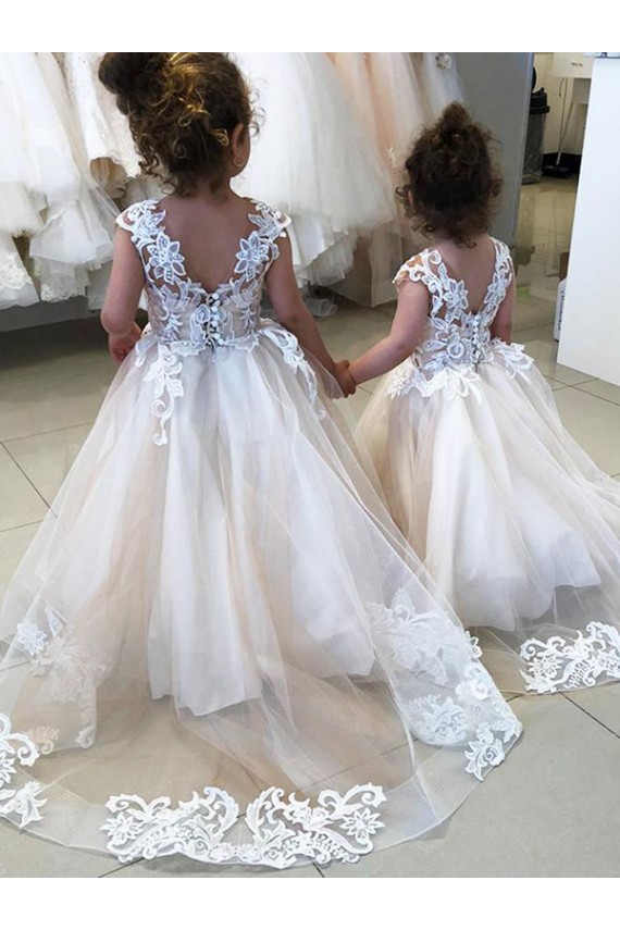 Chapel Train Ivory Sleeveless Ball Gown V-Back Little Flower Girl Dress Leeds