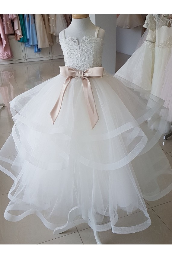 Long Ivory Sleeveless Ball Gown Tulle & Lace Flower Girl Wedding Dress Leeds