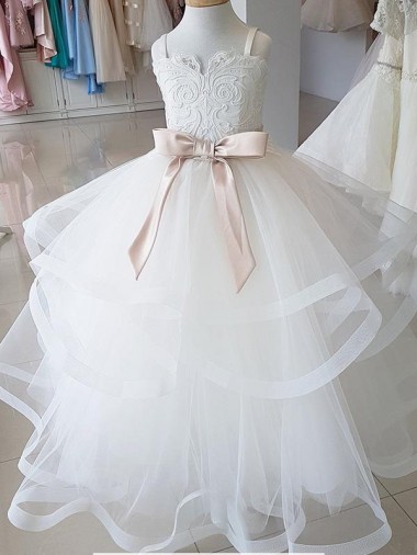 Long Ivory Sleeveless Ball Gown Tulle & Lace Flower Girl Wedding Dress Leeds