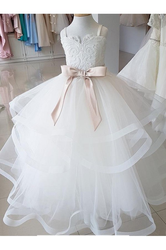 Long Ivory Sleeveless Ball Gown Tulle & Lace Flower Girl Wedding Dress Leeds
