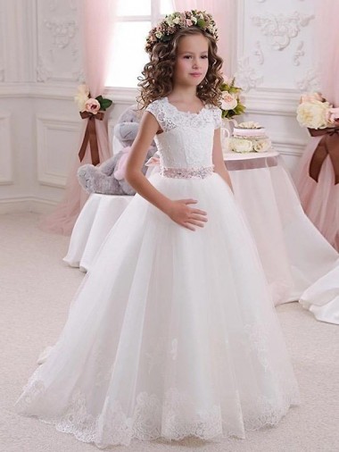 Long Ivory Cap Sleeves Ball Gowns Keyhole Back Flower Girl Dress Leeds
