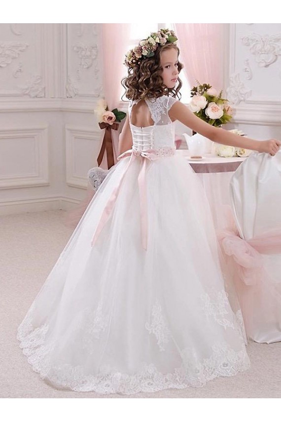 Long Ivory Cap Sleeves Ball Gowns Keyhole Back Flower Girl Dress Leeds