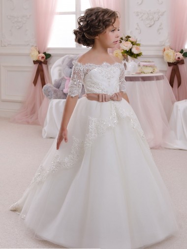 Long Ivory Short Sleeves Ball Gown Keyhole Back Tulle & Lace Flower Girl Dresses Leeds