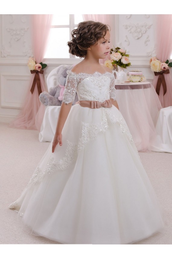 Long Ivory Short Sleeves Ball Gown Keyhole Back Tulle & Lace Flower Girl Dresses Leeds