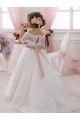 Long Ivory Short Sleeves Ball Gown Keyhole Back Tulle & Lace Flower Girl Dresses Leeds