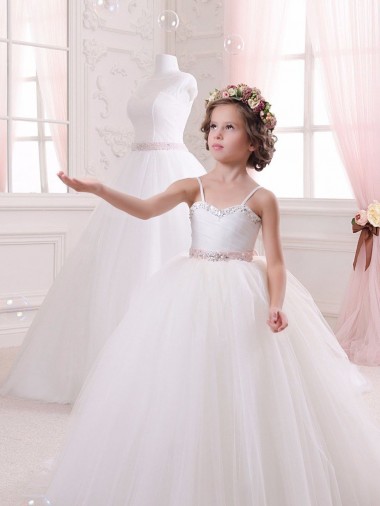 Chapel Train Ivory Sleeveless Ball Gown Tulle Flower Girl Dress Leeds