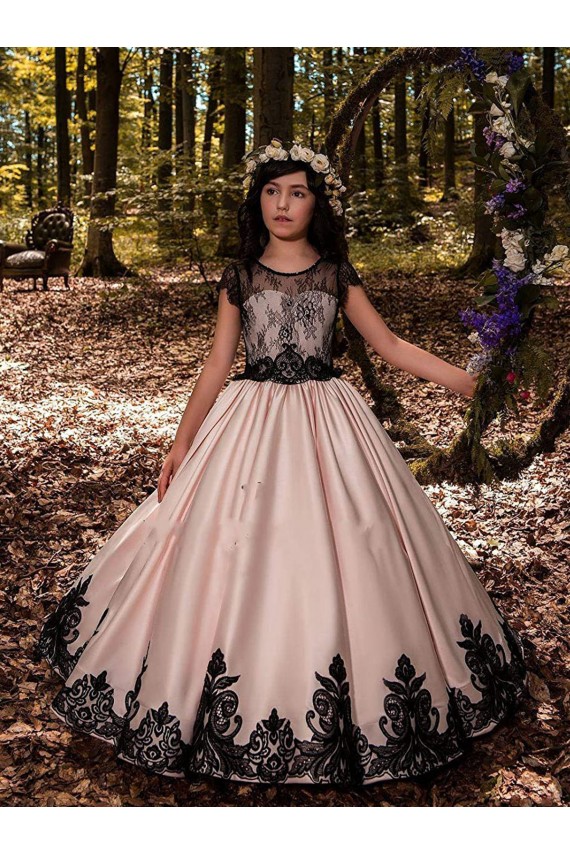 Long Ivory Sleeveless Ball Gown Satin & Lace Flower Girl Dress for Wedding Leeds