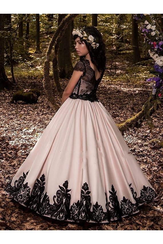 Long Ivory Sleeveless Ball Gown Satin & Lace Flower Girl Dress for Wedding Leeds
