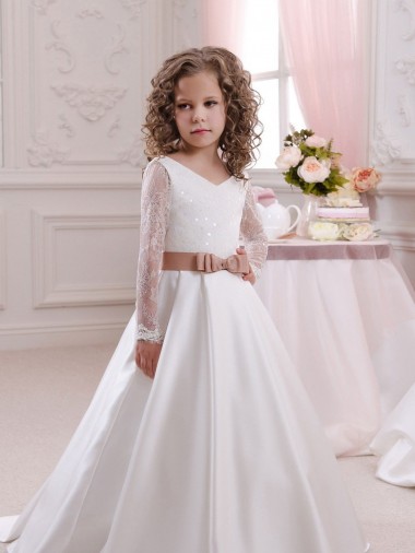 Chapel Train Ivory Long Sleeves Ball Gown Flower Girl Dress Leeds